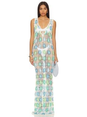 Show Me Your MuMu White Crochet Maxi Coverup with Blue & Green Floral